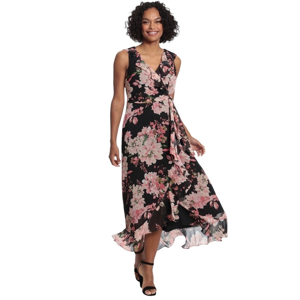 London Times Floral Faux Wrap Midi Dress Womens 10 Black Pink New Ruffle Chiffon